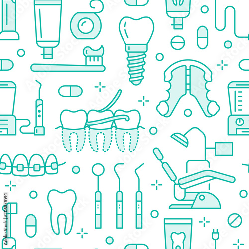 Dentist, orthodontics blue seamless pattern with line icons. Dental care, medical equipment, braces, tooth prosthesis, floss, caries treatment, toothpaste. Health care background for dentistry clinic.