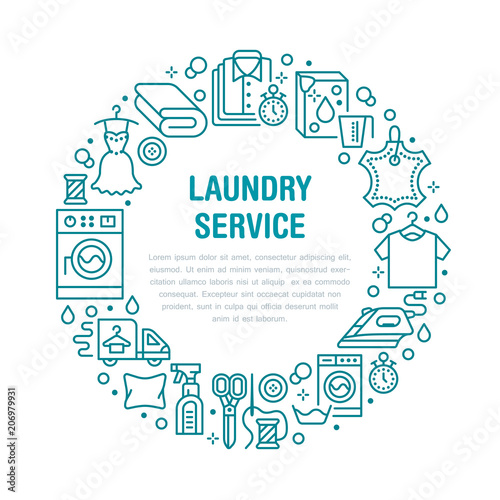 Dry cleaning, banner illustration with flat line icons. Laundry service equipment, washing machine, clothing shoe leather repair, garment steaming. Circle template thin linear signs launderette poster
