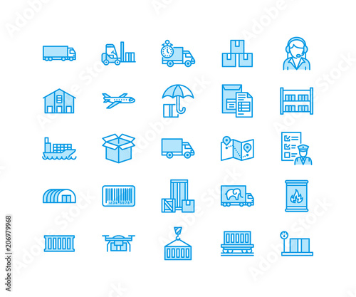 Cargo transportation flat line icons Trucking, express delivery, logistics, shipping, customs clearance, package, tracking labeling symbols. Transport thin signs freight services. Pixel perfect 64x64.