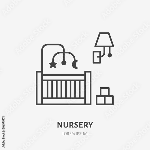 Nursery, bedroom flat line icon. Apartment furniture sign, vector illustration of baby crib, lamp, toy. Thin linear logo for interior store.