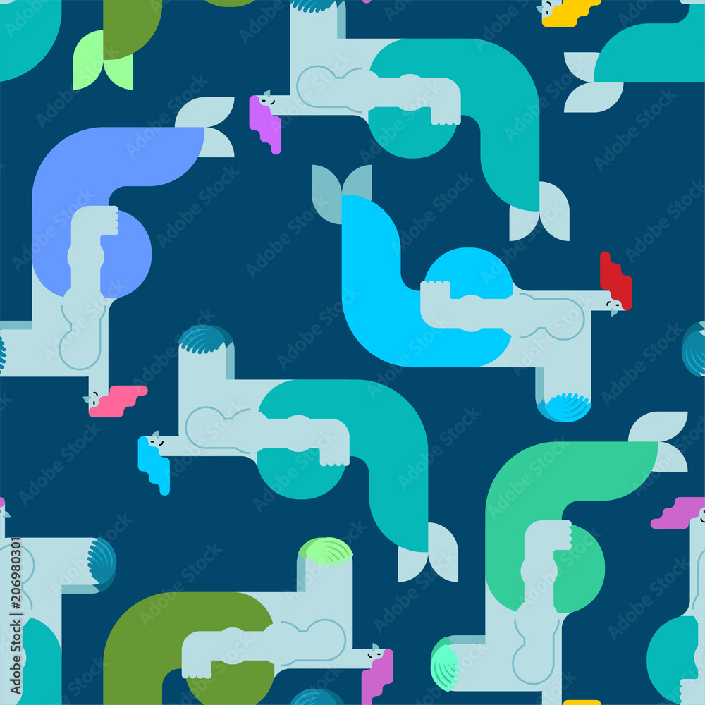 Mermaid pattern seamless. Underwater beautiful woman in ocean. Vector illustration