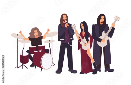 Heavy metal or gothic rock band performing on stage. Men and women with long hair singing and playing music during concert or rehearsal isolated on white background. Flat cartoon vector illustration.