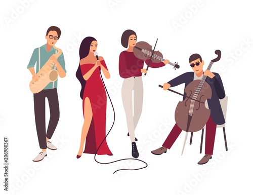 Jazz or blues music band performing on stage during concert. Elegant men and women singing song and playing musical instruments isolated on white background. Flat cartoon vector illustration.