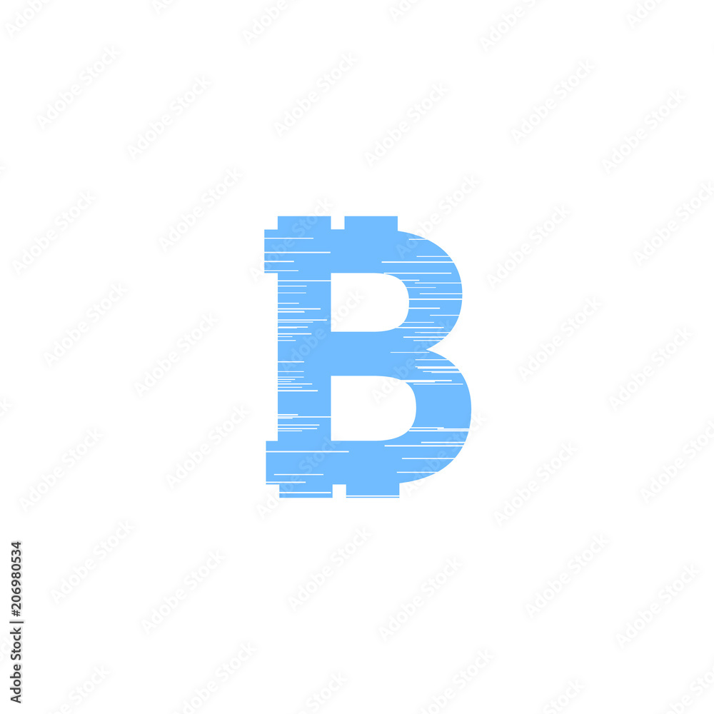 Blue bitcoin sign in glitch style on white background. Internet money digital vector illustration. Interference effect for image