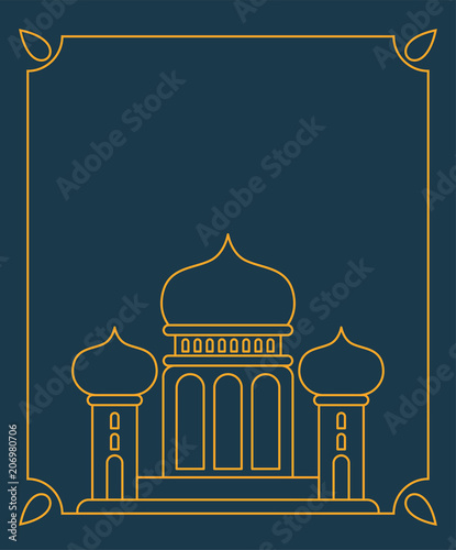 Mosque Islamic religious building. Vector illustration for Muslim holiday Eid Mubarak. Ramadan Kareem Greeting Card