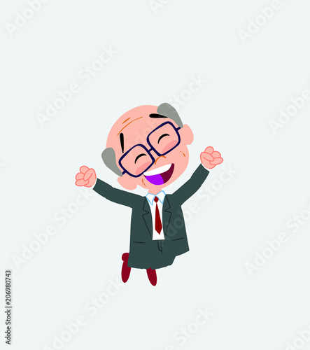 Old businessman with glasses jumping for joy.