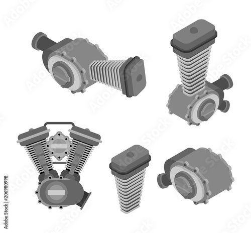Engine racing set Isometric. Motor motorcycle isolated. Vector illustration.