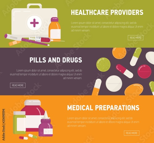 Collection of horizontal web banner templates with first aid kit, pills, medicines, medications and medical tools. Flat colorful vector illustration for online drugstore or pharmacy advertisement.