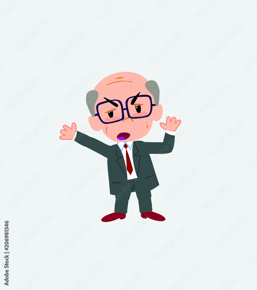 Old businessman with glasses argues something with a gesture of discontent.