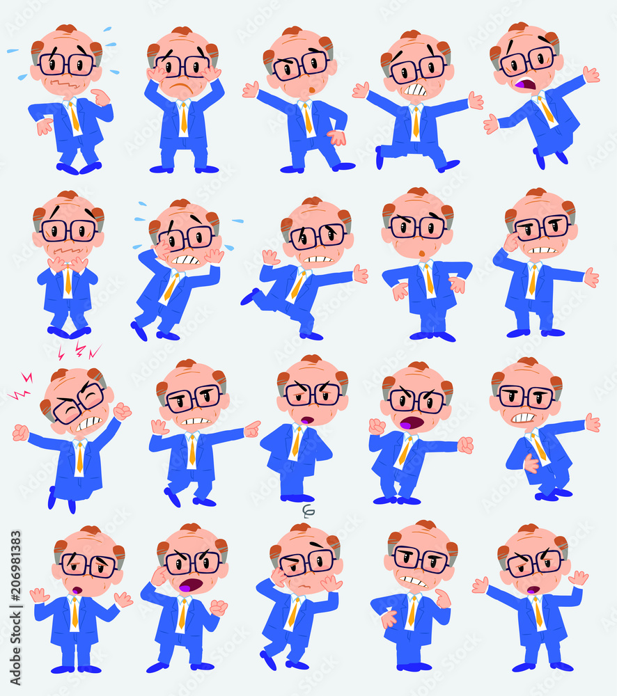 Cartoon character old businessman with glasses. Set with different postures, attitudes and poses, always in negative attitude, doing different activities in vector vector illustrations. Cartoon character old businessman with glasses. Set with different postures, attitudes and poses, always in negative attitude, doing different activities in vector vector illustrations.