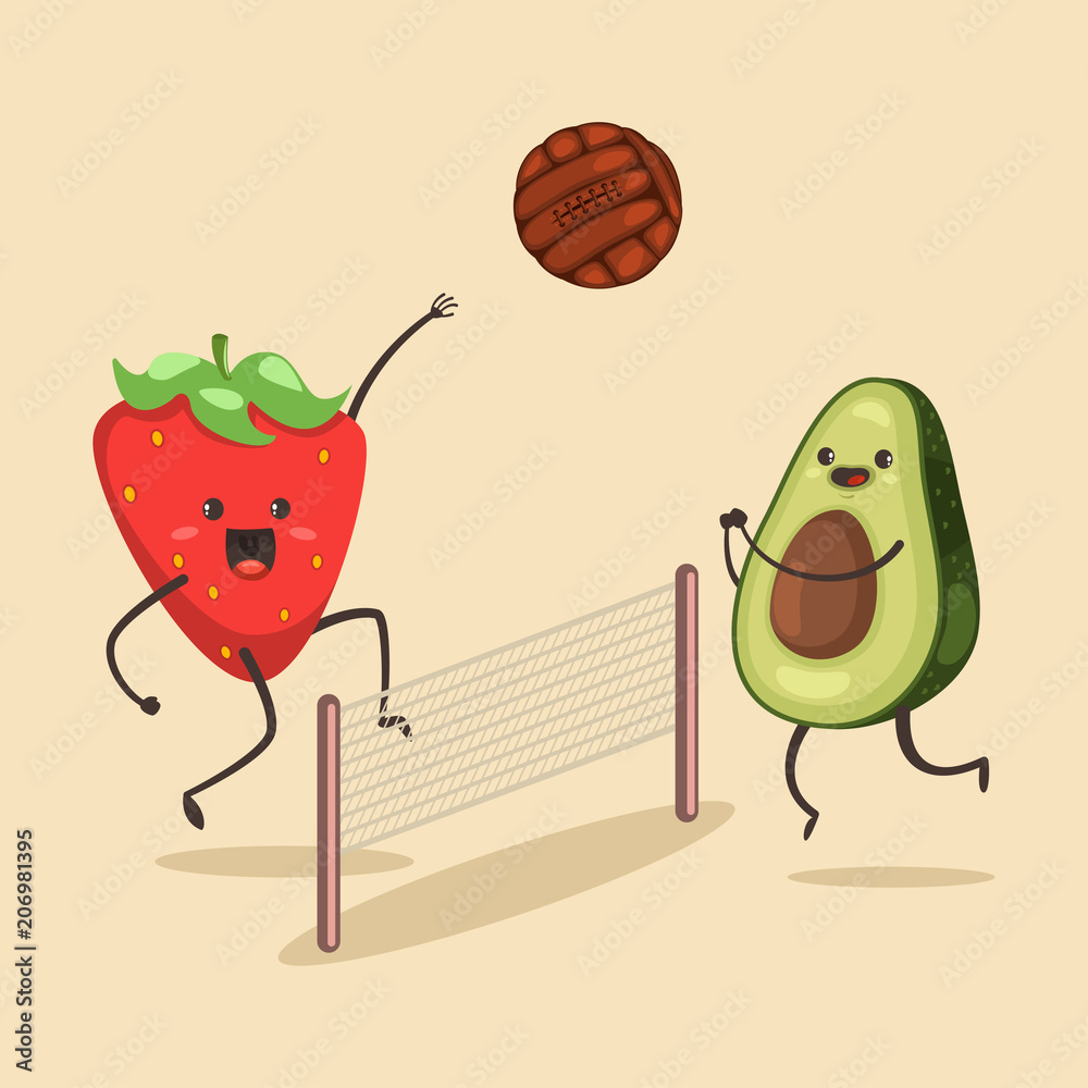 Funny Avocado and Strawberry play in beach volleyball. Vector cartoon  character of cute fruit of summer activities. Illustration of sport and  healthy lifestyle. Stock Vector | Adobe Stock