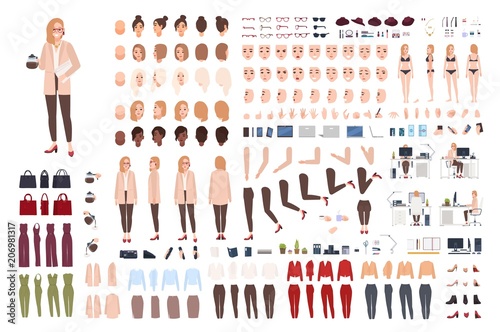 Female secretary or office assistant constructor or creation kit. Bundle of pretty cartoon character body parts, facial expressions, poses, clothes isolated on white background. Vector illustration.