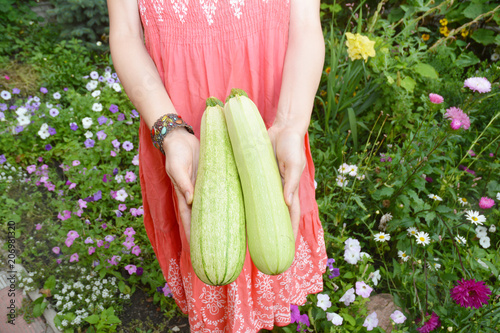 Woman holding zucchini in hands.