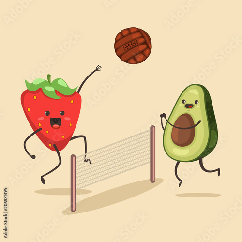 Funny Avocado and Strawberry play in beach volleyball. Vector cartoon character of cute fruit of summer activities. Illustration of sport and healthy lifestyle.