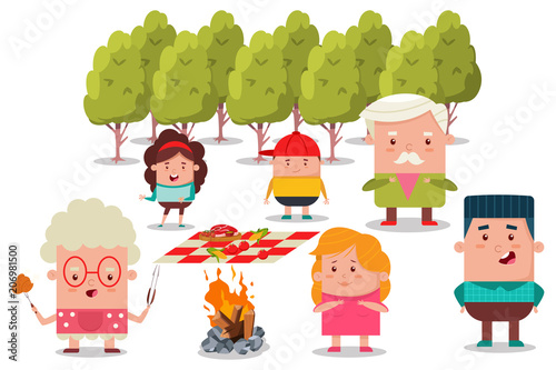 Happy family at a picnic. Barbecue flat illustration with grandfather, grandmother, mom, dad, daughter and son. Vector cartoon characters of a man, woman and children.