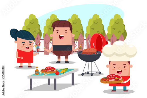 Barbecue party with friends. Vector cartoon flat picnic illustration of people in the backyard.