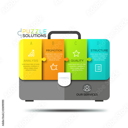 Infographic design template, jigsaw puzzle in shape of briefcase divided into 4 lettered pieces