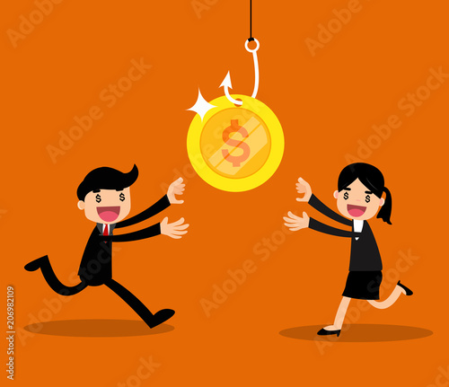 Greedy businessman and business woman running to money on hook trap. vector illustration.