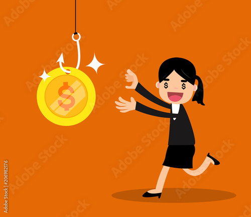 Greedy business woman running to money on hook trap. vector illustration.