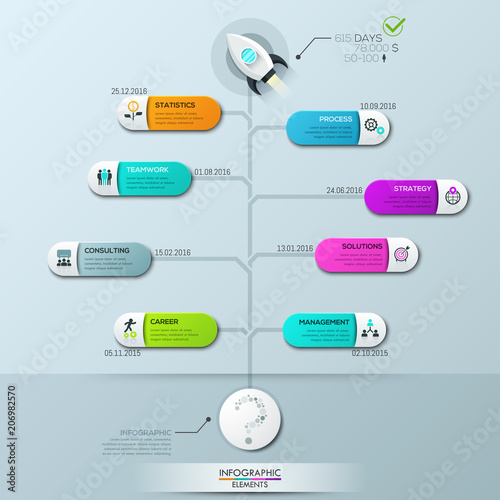 Infographic design template, vertical tree diagram with 8 connected elements and text boxes