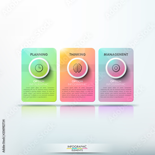 Modern infographic design template, 3 separate multicolored rectangular cards with pictograms and text boxes