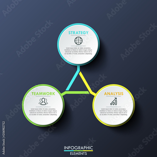 Infographic design template circular diagram with 3 multicolored lettered elements connected with center