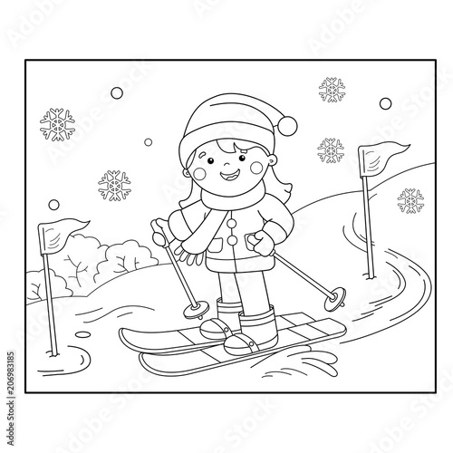 Coloring Page Outline Of cartoon girl skiing. Winter sports. Coloring book for kids