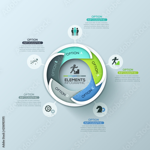 Creative round infographic design layout with 5 lettered overlapping elements