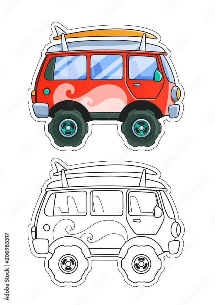 Vintage Red Bus Side View Coloring Book. Printable Page. Colored