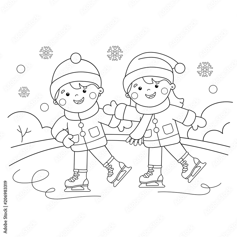 Coloring Page Outline Of cartoon boy with girl skating. Winter ...