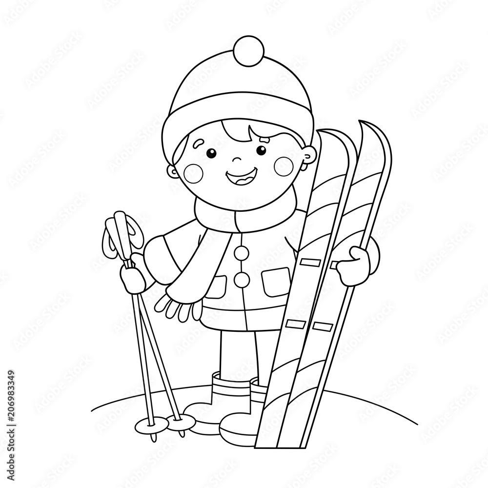 Coloring Page Outline Of cartoon boy with skis. Winter sports ...