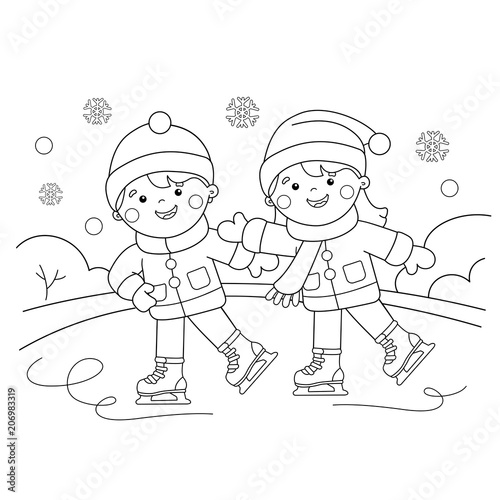 Coloring Page Outline Of cartoon boy with girl skating. Winter sports. Coloring book for kids