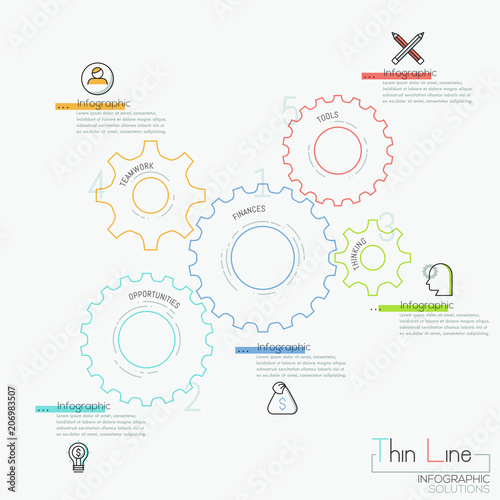 Infographic design template with 5 gear wheels, pictograms and text boxes