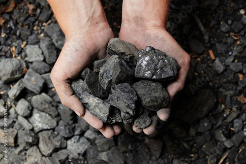 Coal miner in the man hands of coal background. Coal mining or energy source, environment protection. Industrial coals. Volcanic rock.