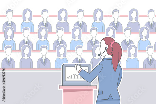 Girl speaker in headset with laptop gives a speech to the audience at a business conference. Vector concept illustration of trainings and presentations.