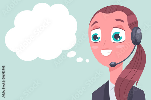 Girl call center operator in headset with a microphone and speech bubble. Consultant customer support vector cartoon character isolated on background.
