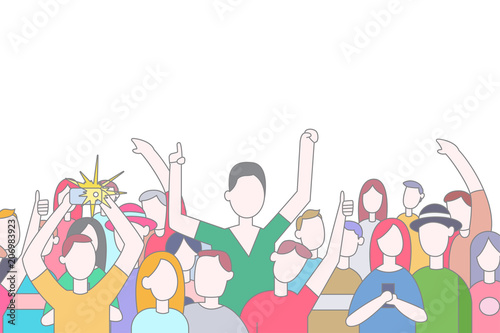 Crowd of people vector flat illustration. Men and women fans with their hands up isolated on white background.