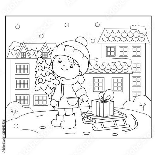 Coloring Page Outline Of girl with gifts at Christmas tree. Christmas. New year. Coloring book for kids