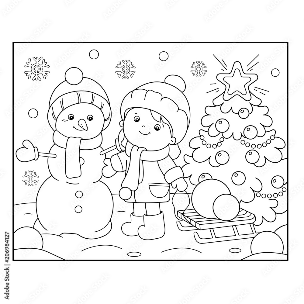 Coloring Page Outline Of girl with Snowman and Christmas tree. Christmas. New year. Coloring book for kids
