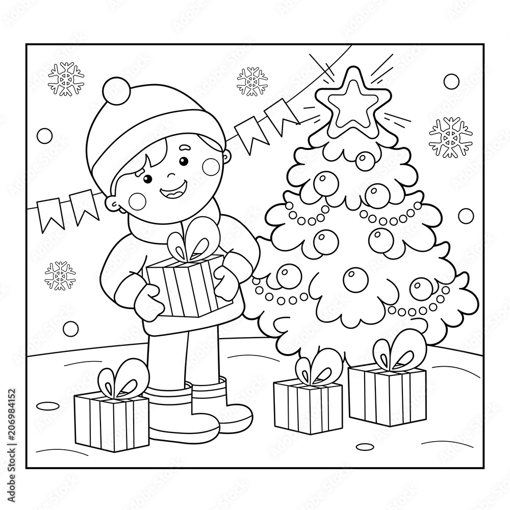 Coloring Page Outline Of boy with gifts at Christmas tree. Christmas