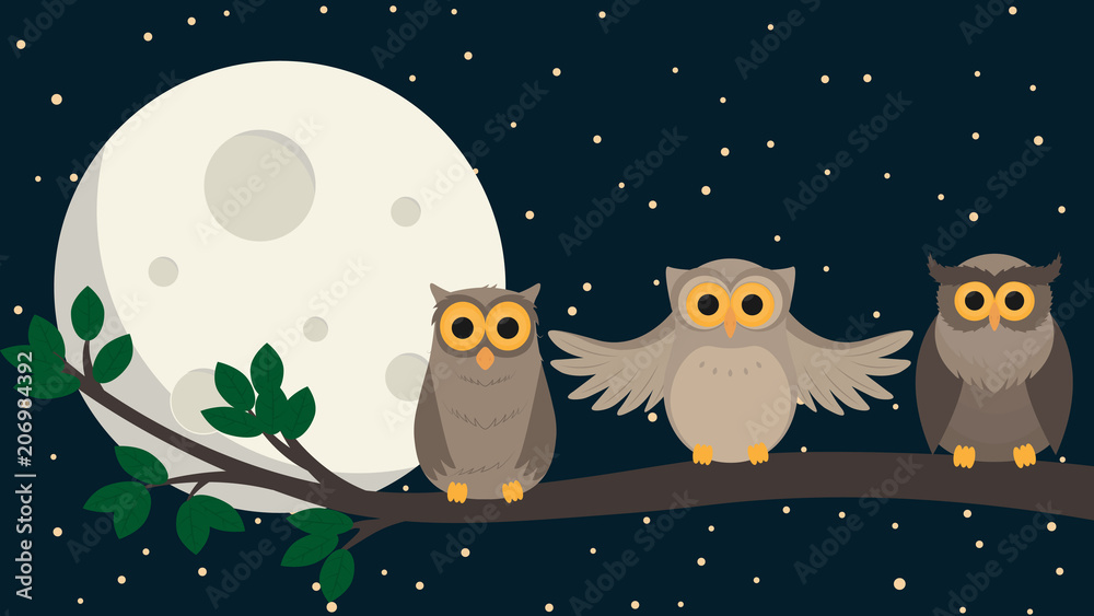 Naklejka cute owls sit at branch under the moon