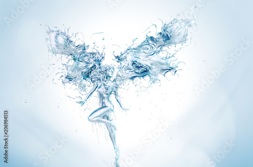 Splash of water in form of woman body, abstract Liquid Flying Girl, for design elements with clipping path. 3D illustration.