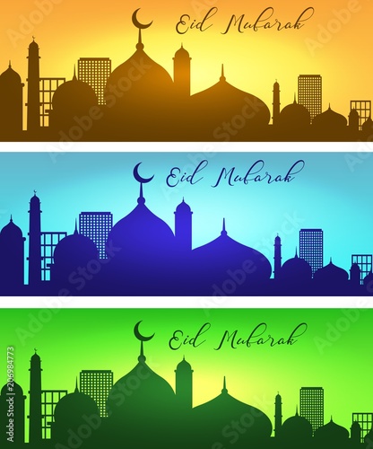 Set of Eid Mubarak horizontal banners with mosque silhouettes