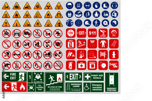 set of mandatory sign, hazard sign, prohibited sign, fire emergency sign. for sticker,   posters, and other material printing. easy to modify. photo