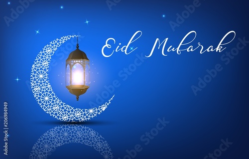 Eid Mubarak background with arabic lantern and crescent moon
