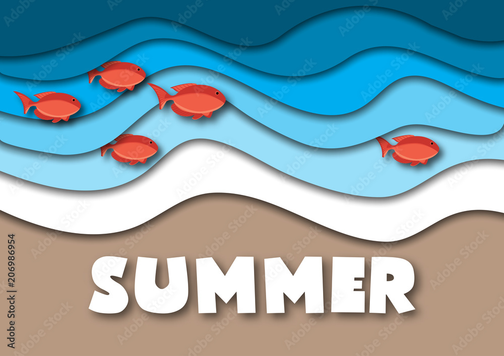 Summer banner template in A4 format, with sea or ocean waves,tropical sand beach, red fish and text Summer banner template in A4 format, with sea or ocean waves,tropical sand beach, red fish and text