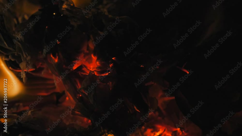 Flames are burning paper and logs to ashes in a bonfire or fireplace. Slow motion