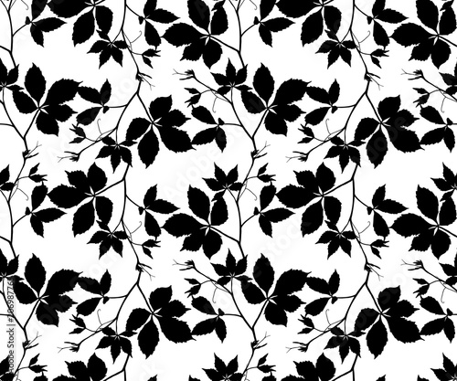 Seamless pattern with cute leaves silhouettes on white background.