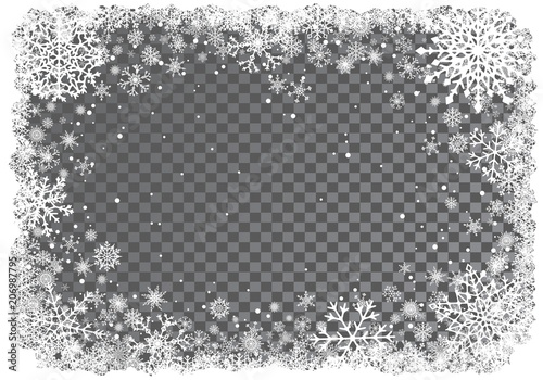 Christmas white frame of snowflakes on transparent background. Snowfall. New-Year winter background. Vector illustration.
