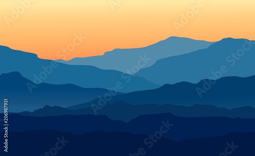 Naklejka Wektor krajobraz z błękitnymi sylwetkami góry i wzgórza z pięknym pomarańczowym wieczór niebem. Ogromne sylwetki gór w zmierzchu. Wektorowa ręka rysująca ilustracja.
